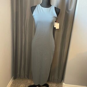 110. Open Edit Grey Blue Tank Dress, NWT, Size M, makeup on neckline